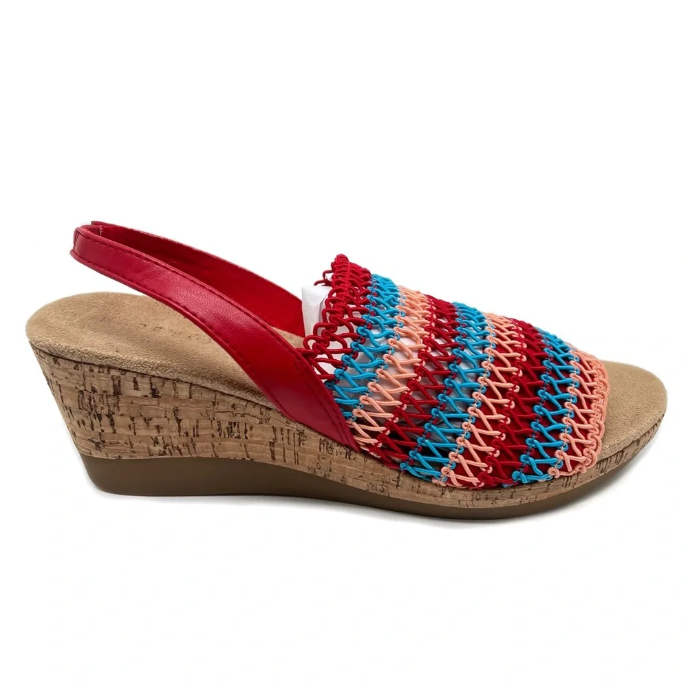 Karen Scott Meriamm Macrame Cork Slingback Wedge Sandals Red Stripe Size 8